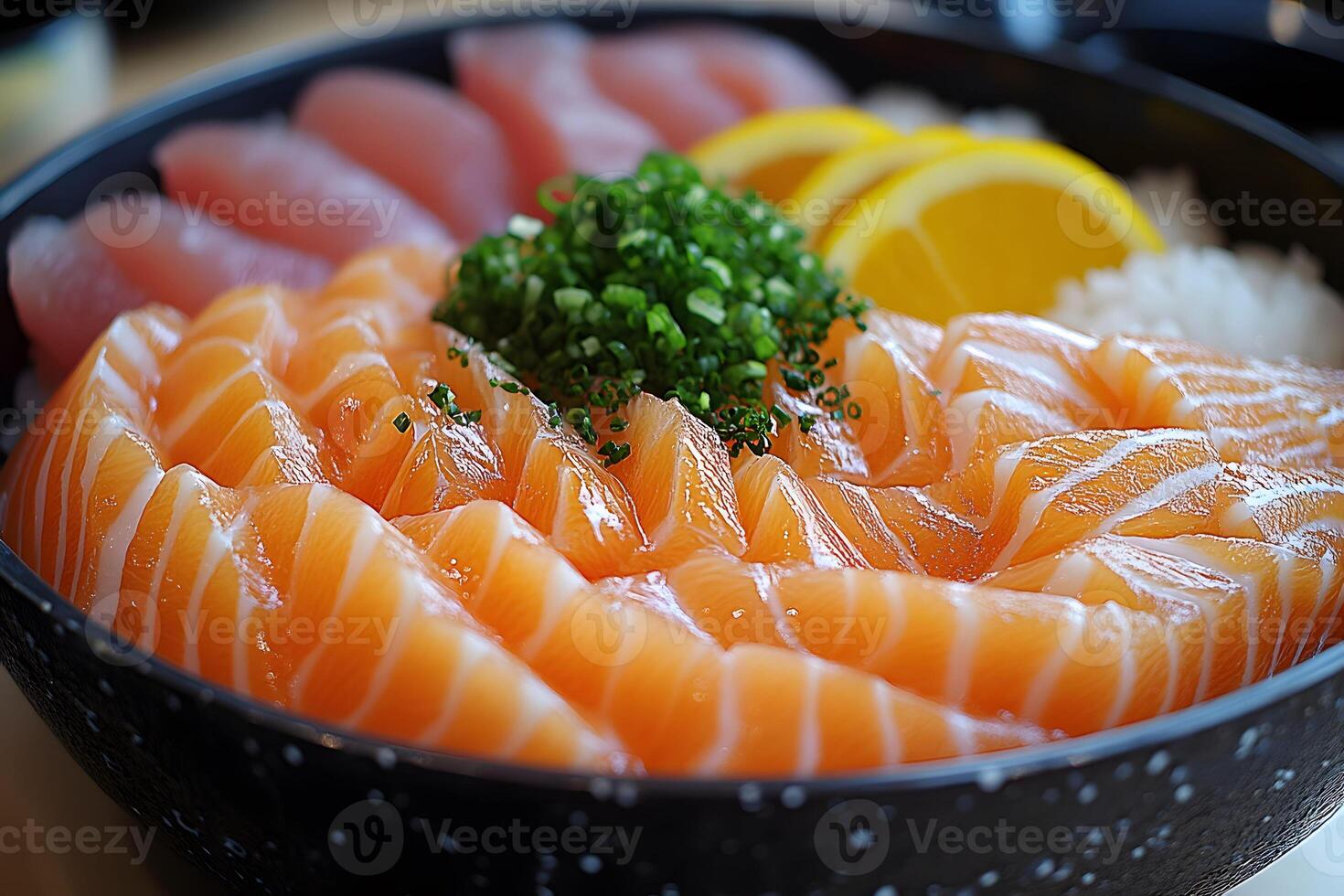 Fresh Japanese Chirashi Bowl with Salmon, Tuna, and Lemon Garnish for Culinary Delight photo