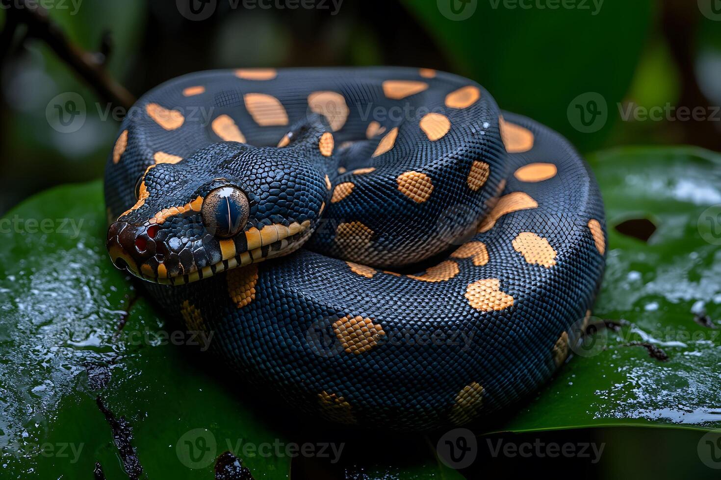 Exotic Reptile Beauty Coiled Rainbow Python Resting on Leaf Amidst Rainforest photo