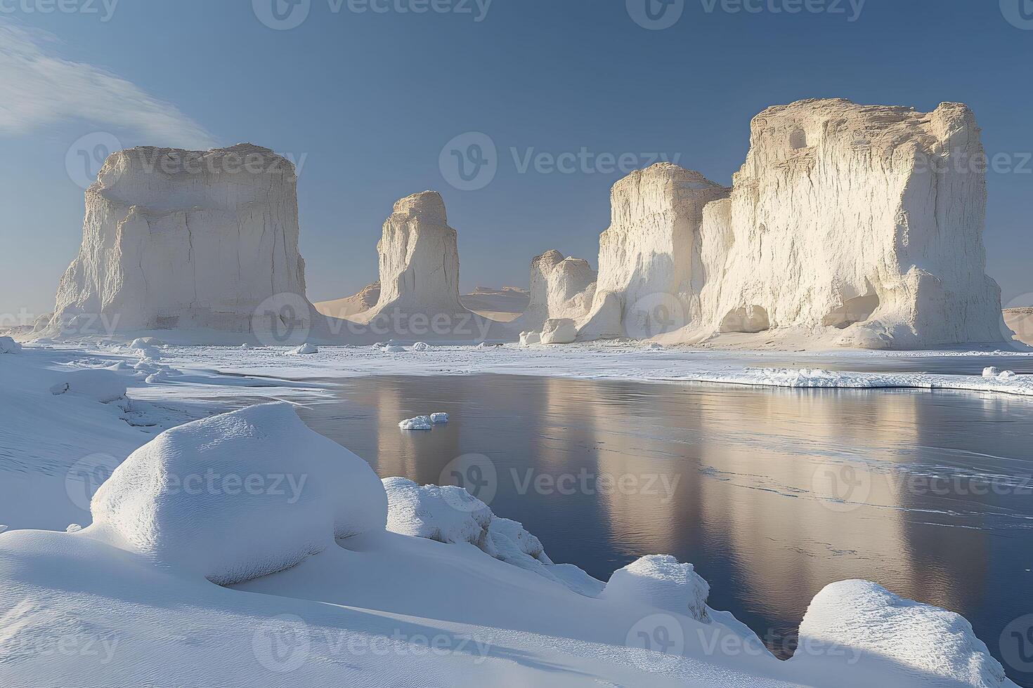 Serene Winter Landscape with Majestic Ice Formations and Tranquil Reflection photo