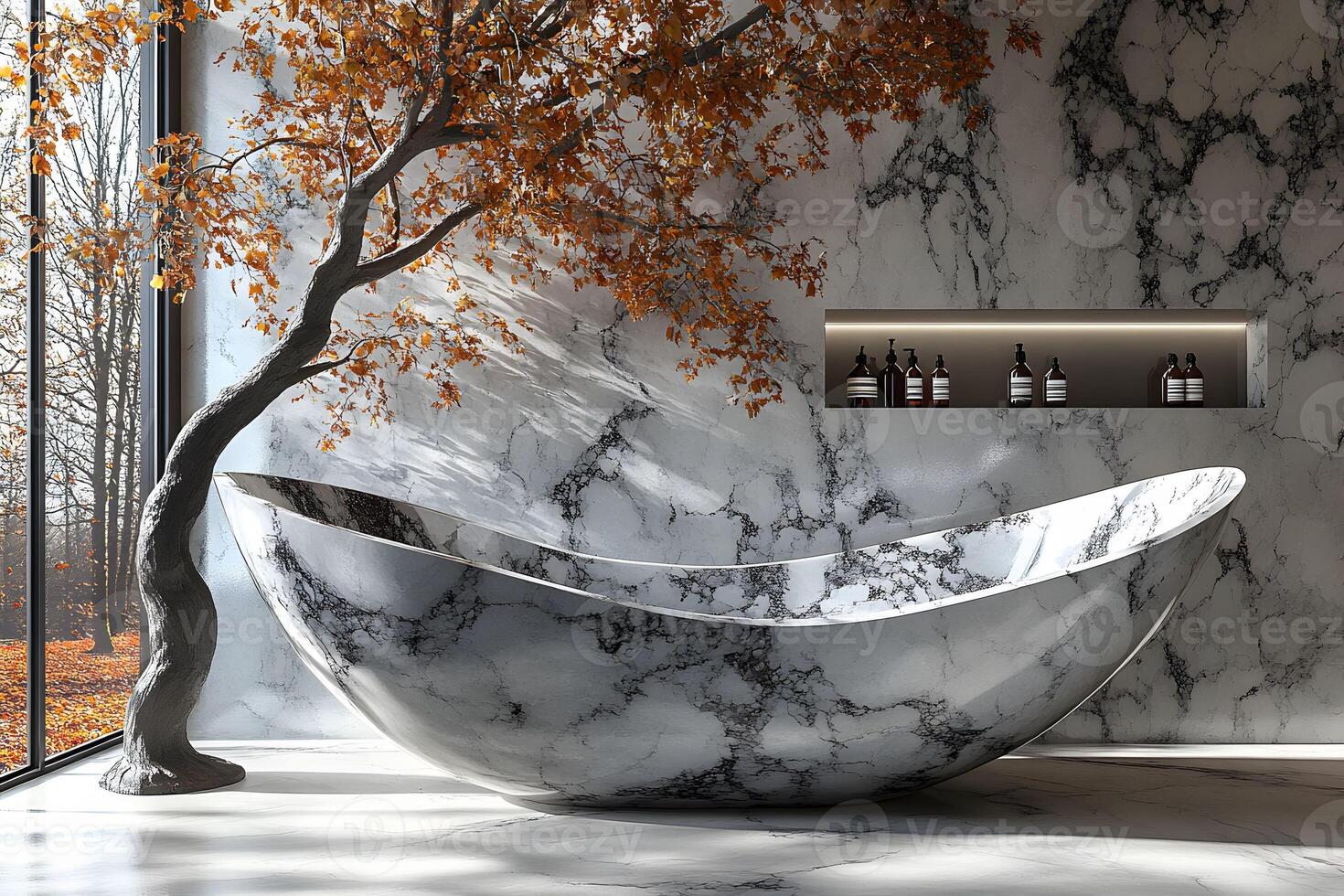 Luxury Marble Bathroom Design with Autumn Tree by Large Window for Relaxation and Serenity photo