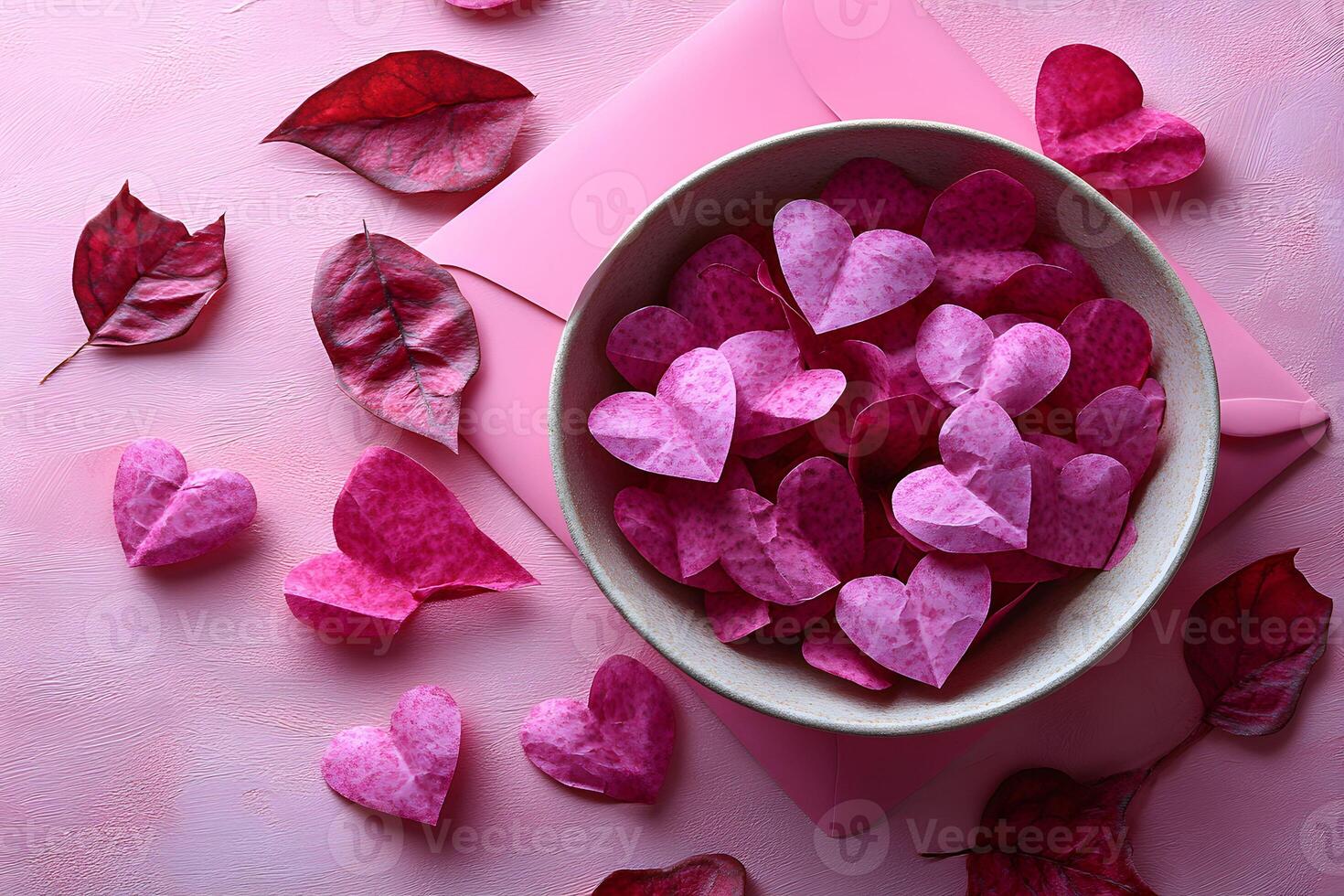 Valentine's Day Romantic Heart Decorations with Pink Leaves on Textured Background photo
