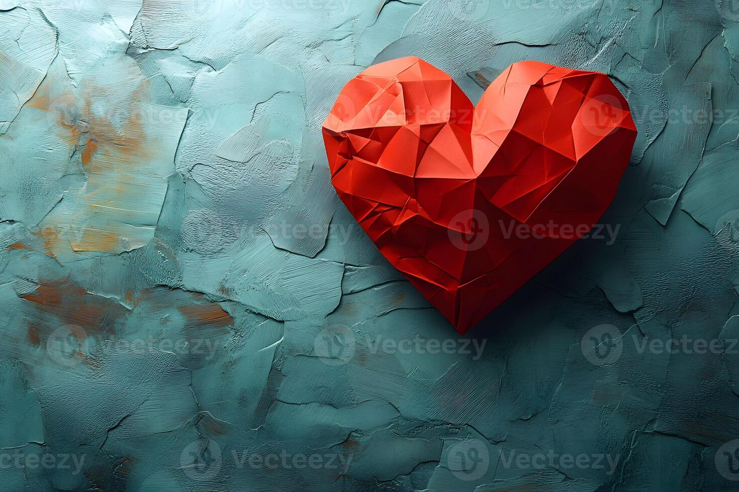 Geometric Red Heart on Textured Teal Background - Symbol of Love and Passion photo