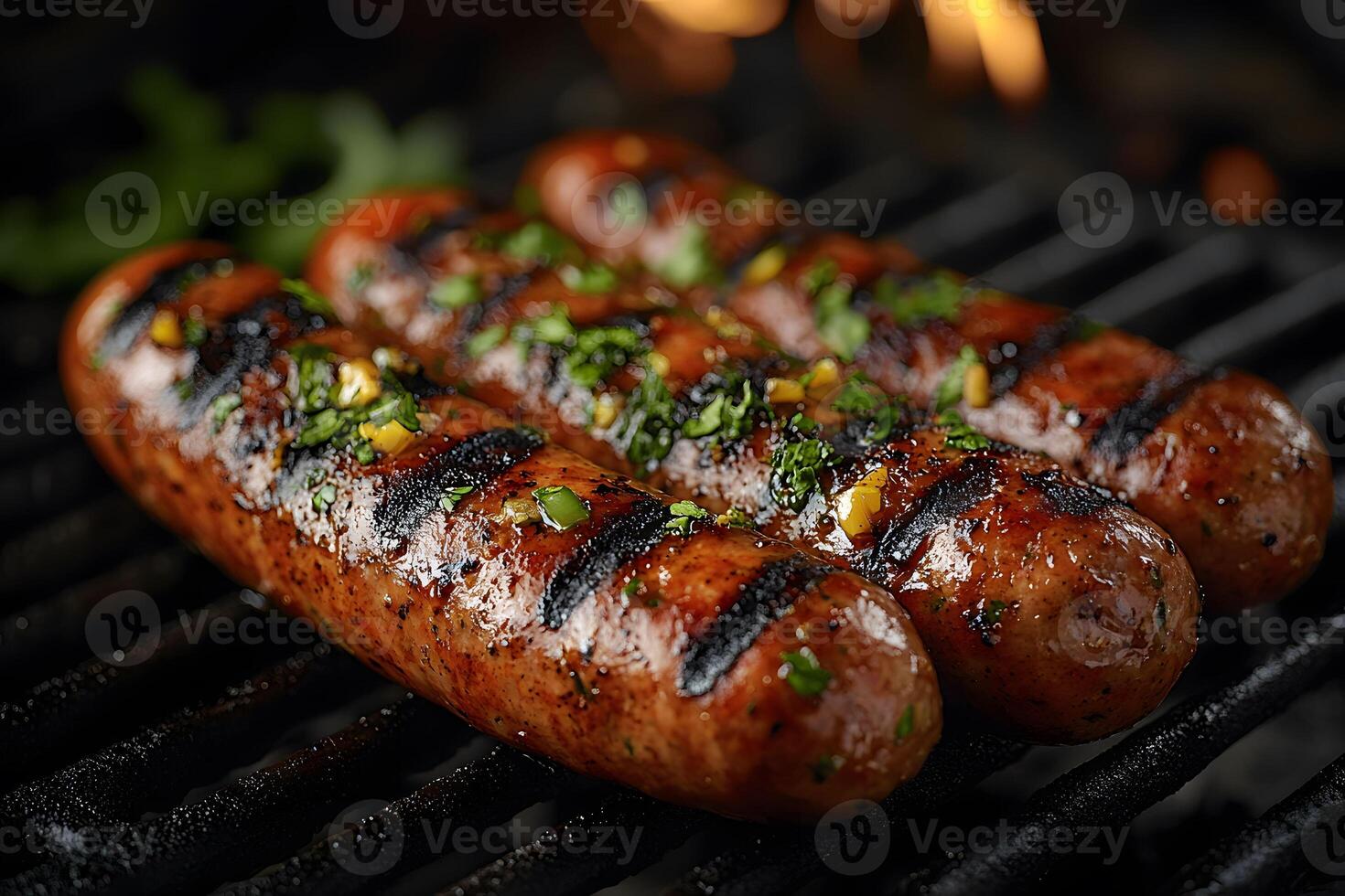 Grilled Sausages with Herbs and Spices on Barbecue Grill for Culinary Design and Meal Inspiration photo