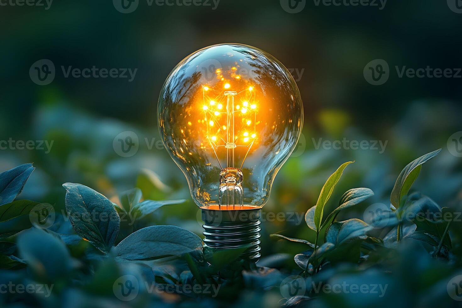 Eco-Friendly Innovation Illuminated Light Bulb Surrounded by Nature for Environmental Design photo