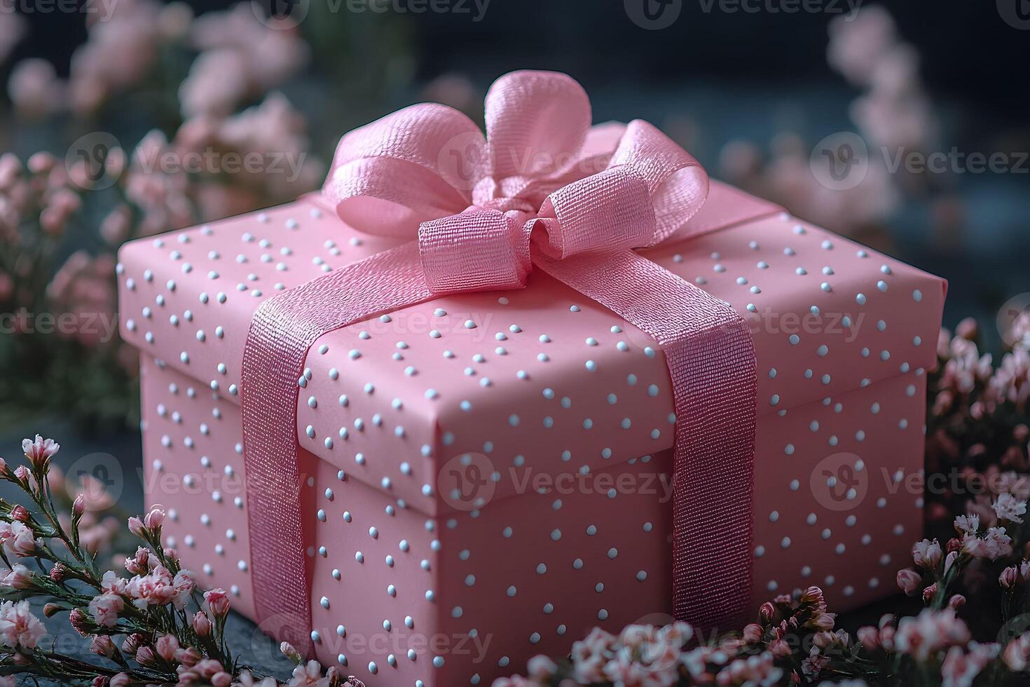 Elegant Pink Gift Box with Ribbon Amidst Delicate Flower Arrangement photo