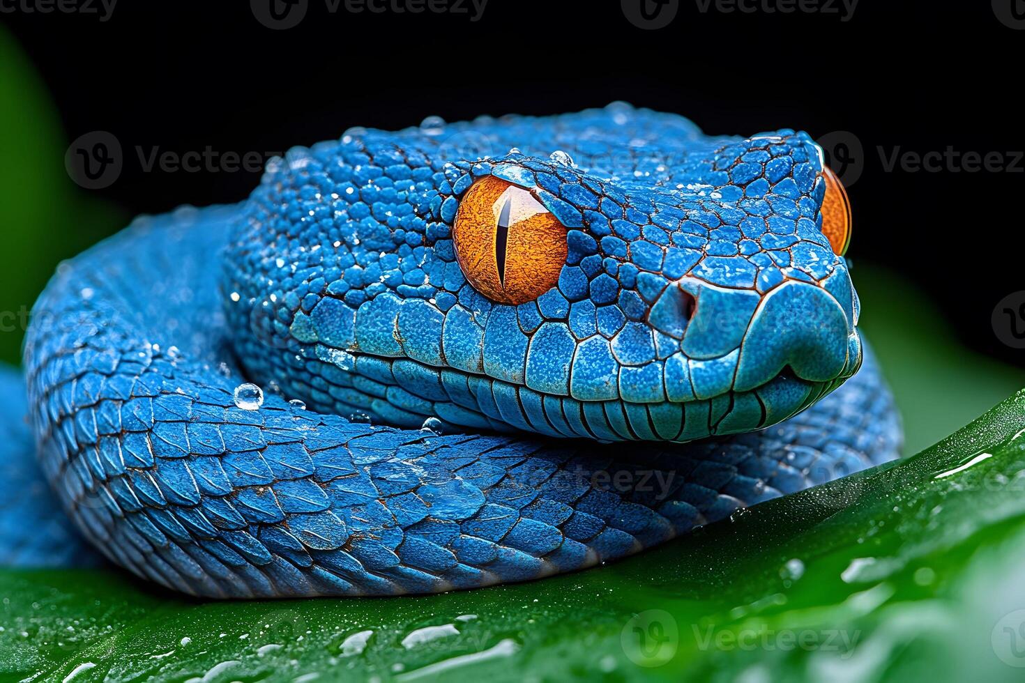 Close-Up of Blue Pit Viper on Leaf with Water Droplets - Nature and Wildlife Photography photo
