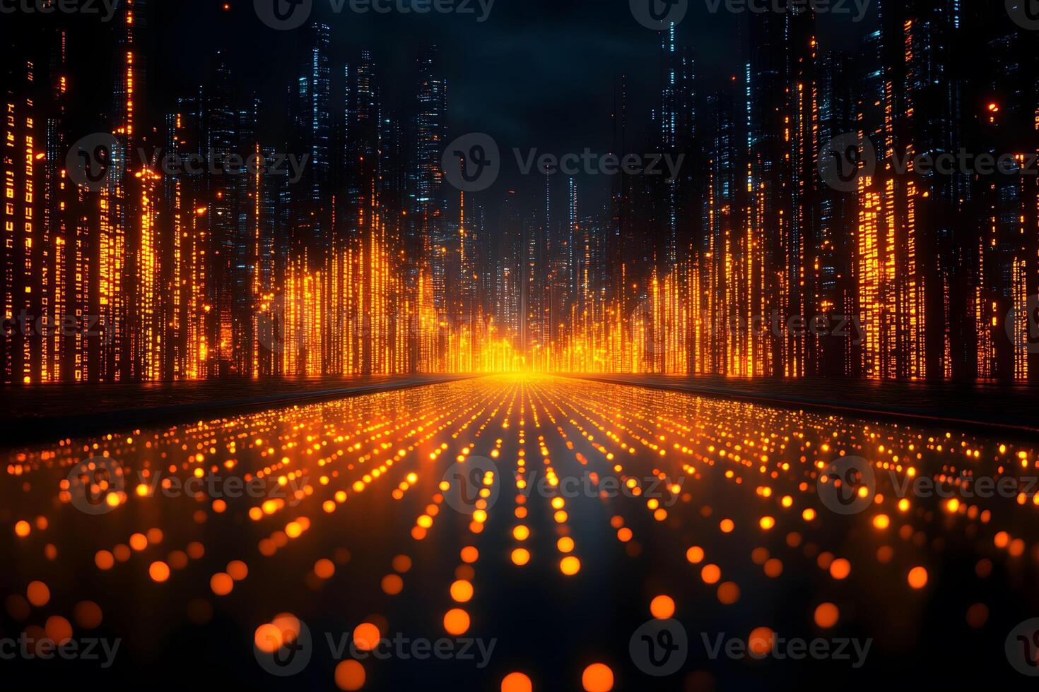 Futuristic Cityscape with Glowing Orange Data Streams at Night photo