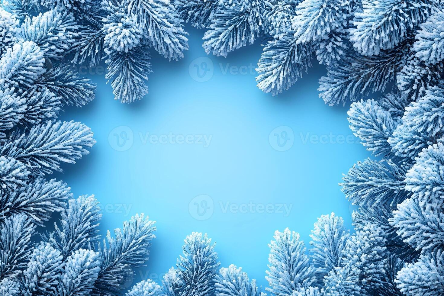 Frosty Winter Fir Branches Frame with Blue Background for Holiday Design photo