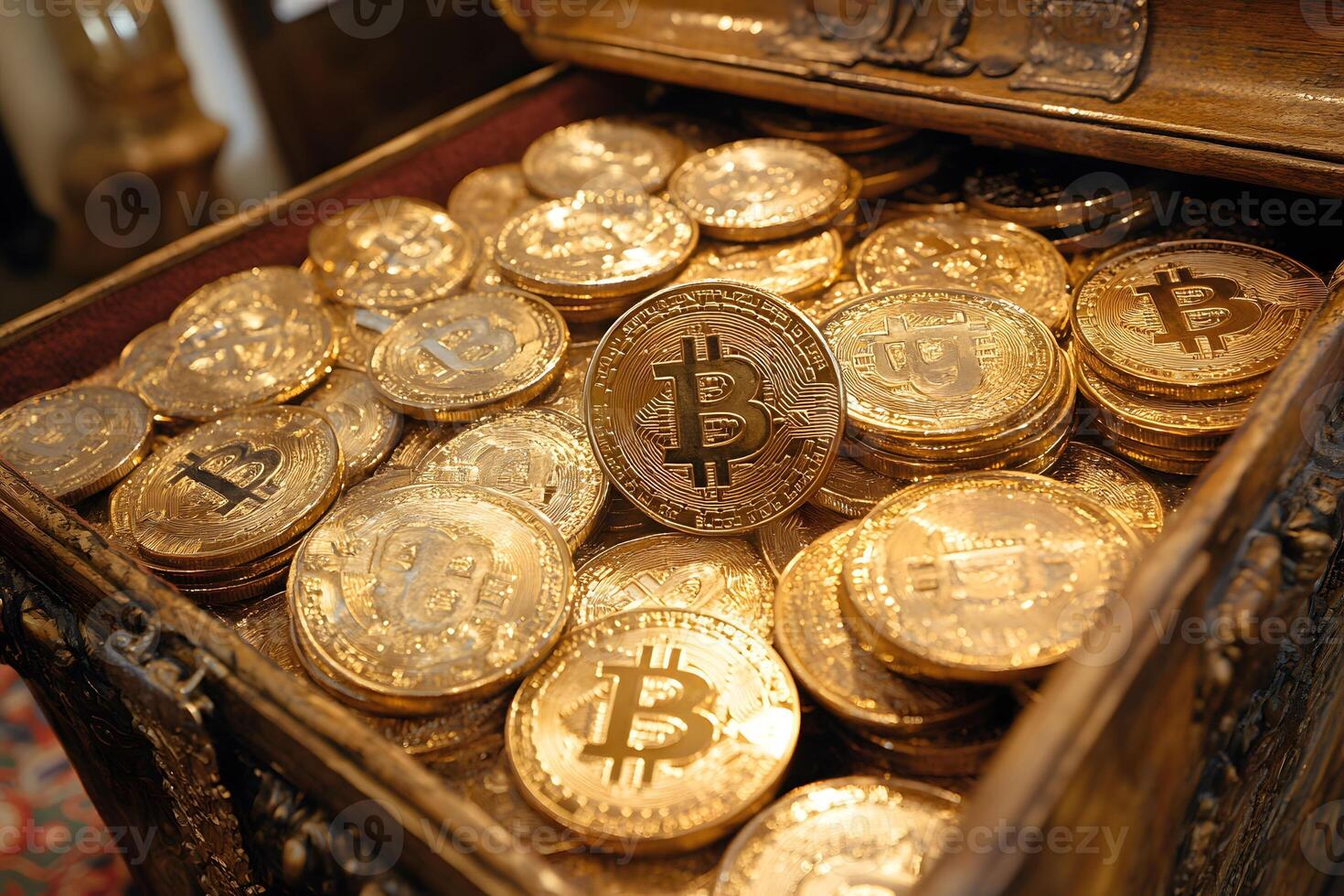 Treasure Chest Filled with Gold Bitcoin Coins for Cryptocurrency Savings Concept photo