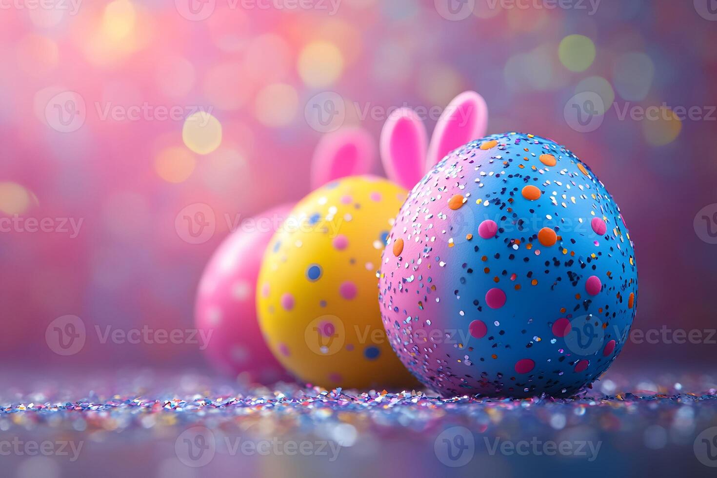 Colorful Easter Eggs with Bunny Ears Against a Sparkling Abstract Background photo