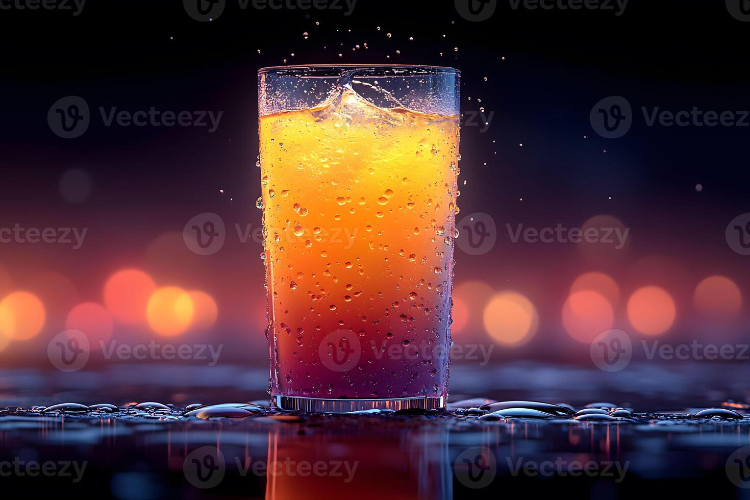 Vibrant Sunset Cocktail with Ice and Bokeh Background for Beverage Design photo