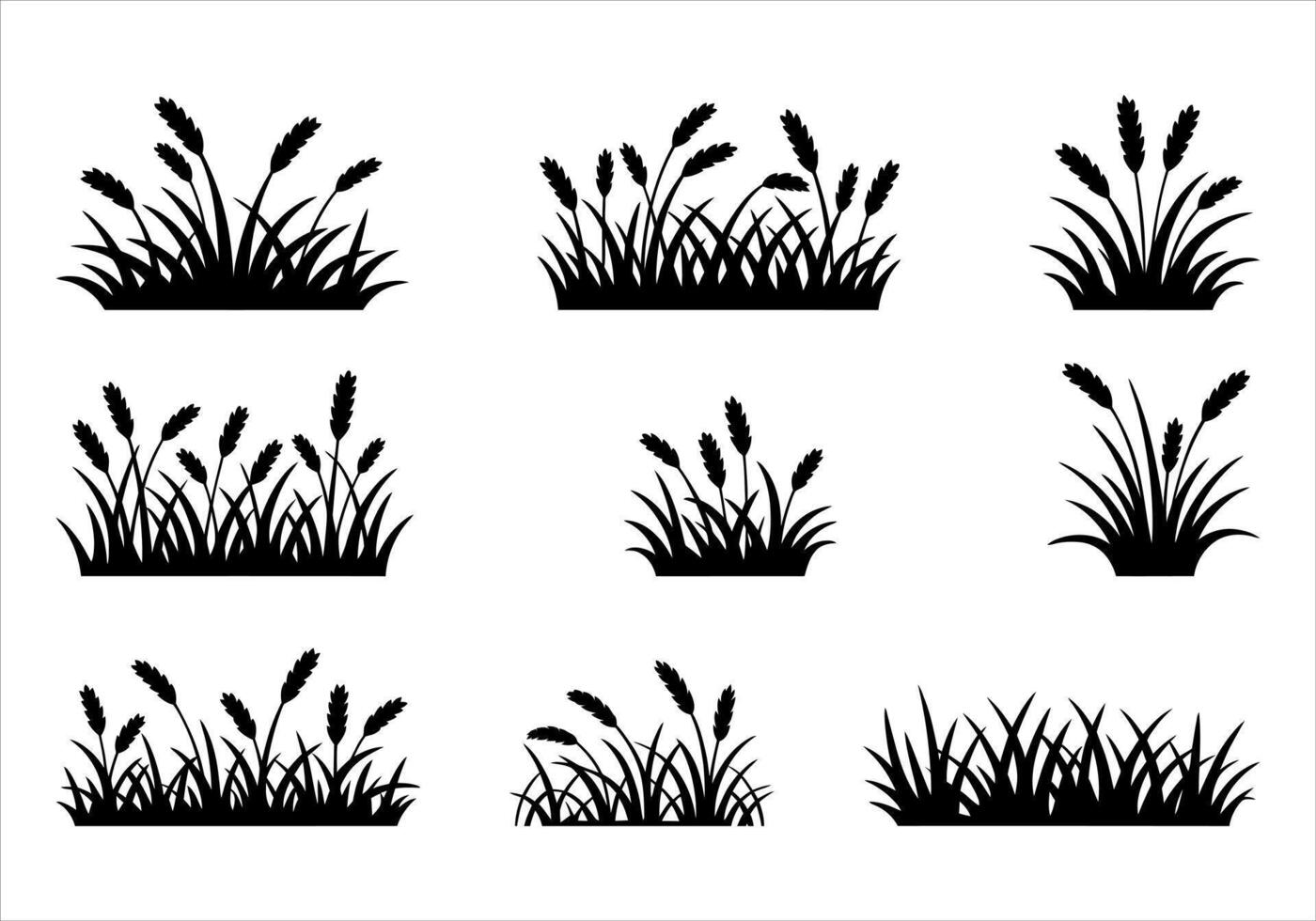 Set of Black and White Grass and Wheat Silhouette Designs vector