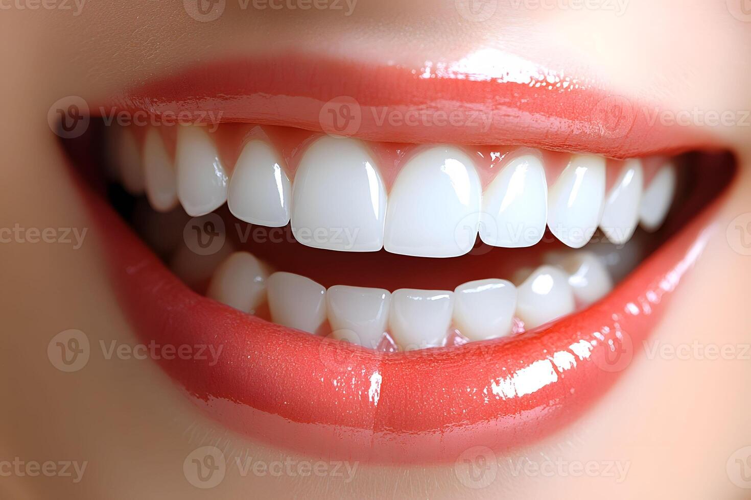 Bright Smile with Glossy Red Lipstick for Dental Health and Beauty Concept photo