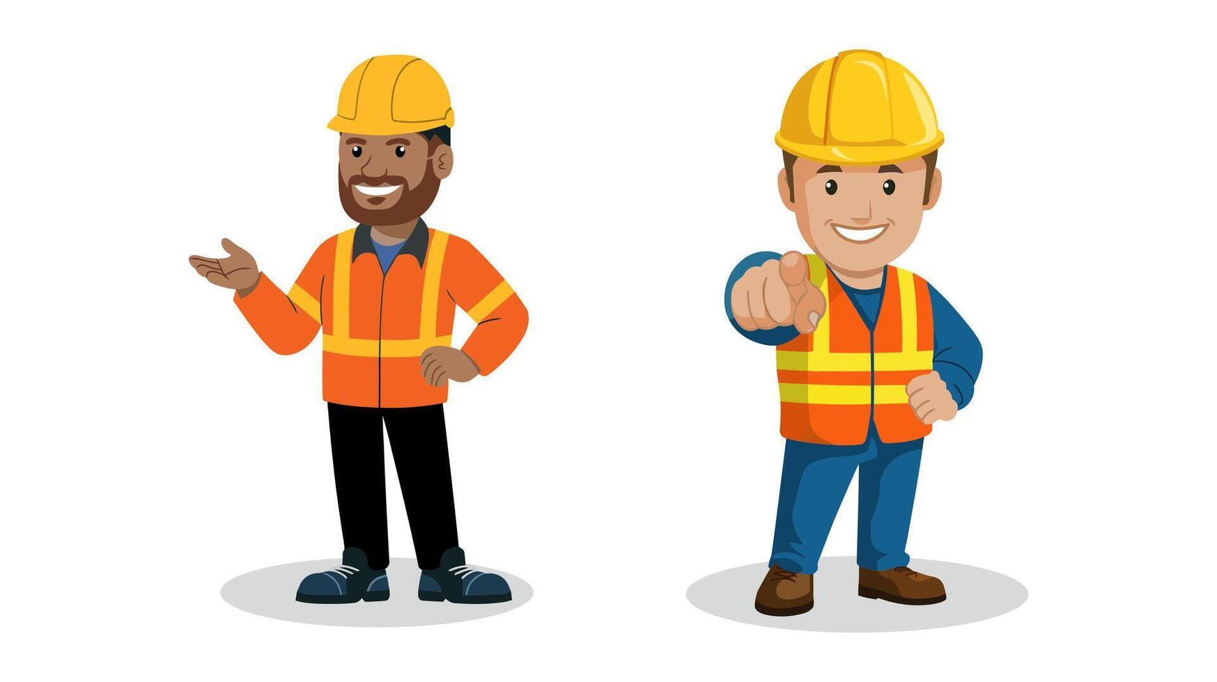 Two Diverse Construction Workers in Safety Gear, One Explaining, One Pointing vector