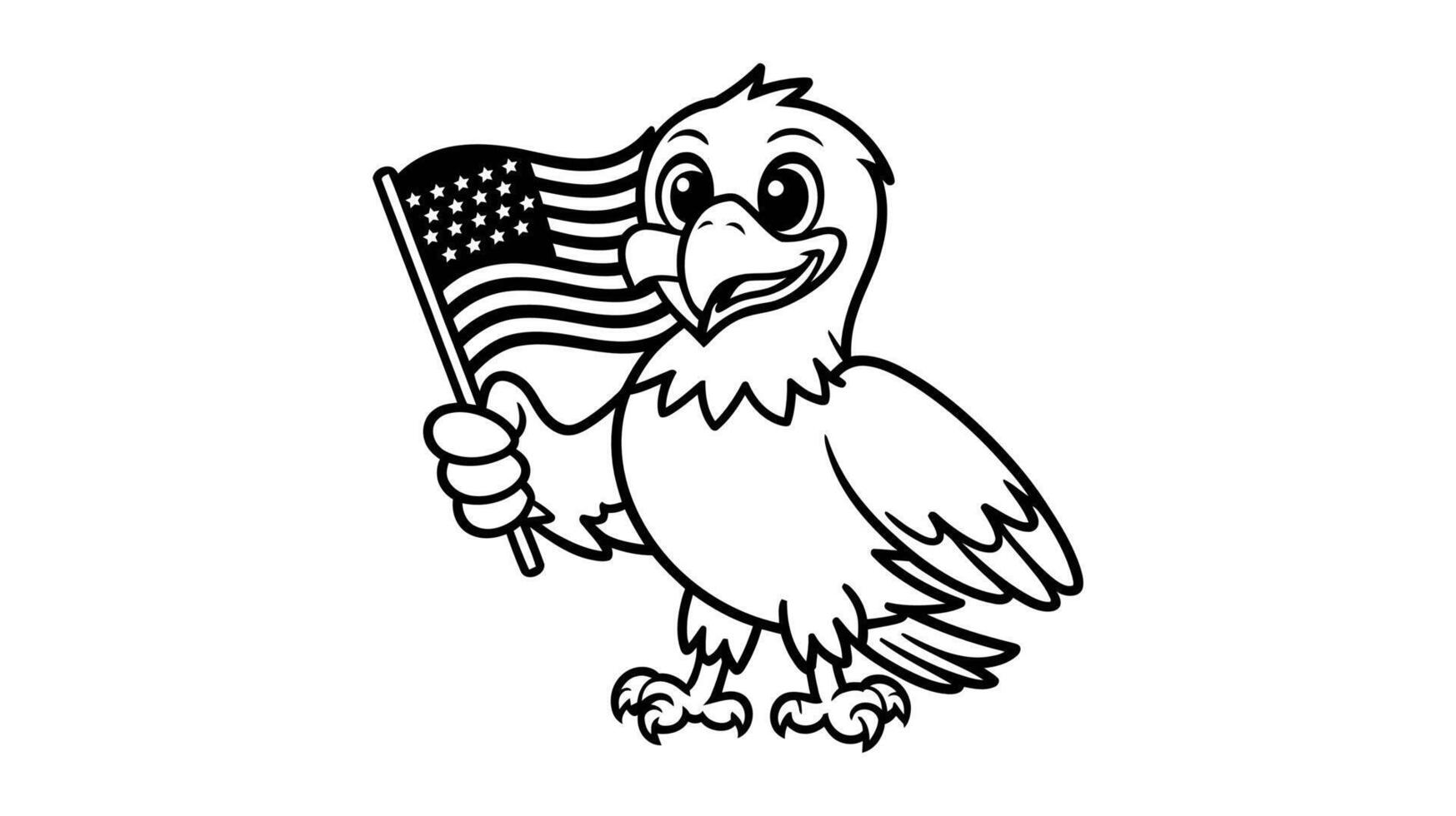 A Cute cartoon bald eagle holding an American flag. vector