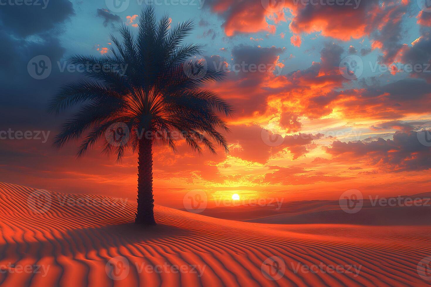 Serene Desert Sunset with Lonely Palm Tree and Vibrant Sky for Tranquil Landscape Artwork photo
