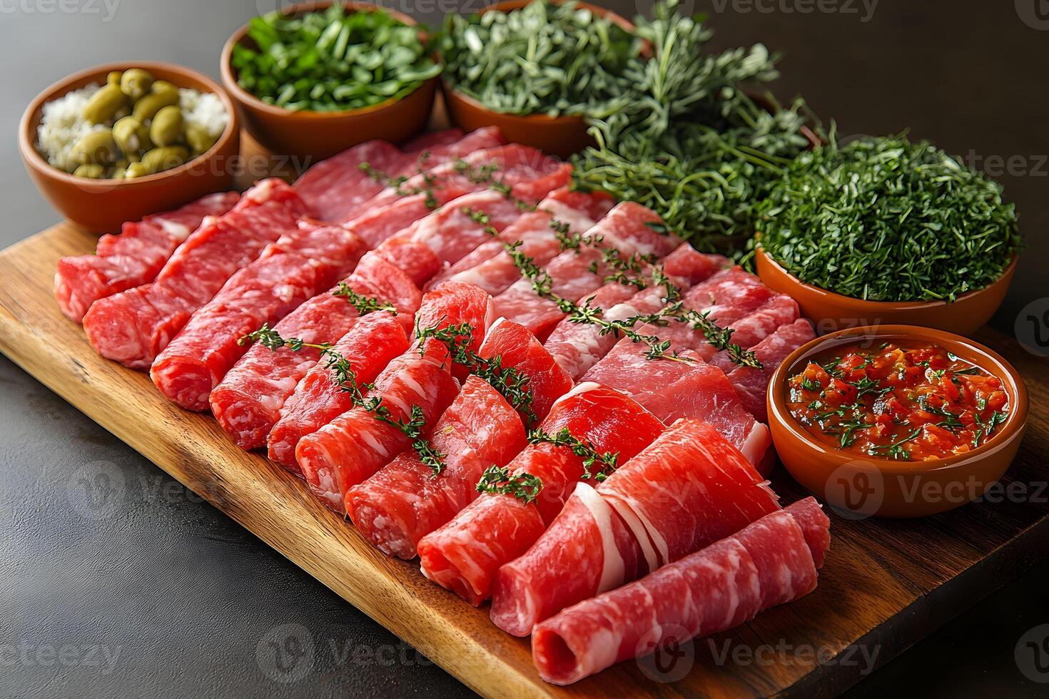 Charcuterie Board with Assorted Rolled Meats and Fresh Herbs for Culinary Presentation photo