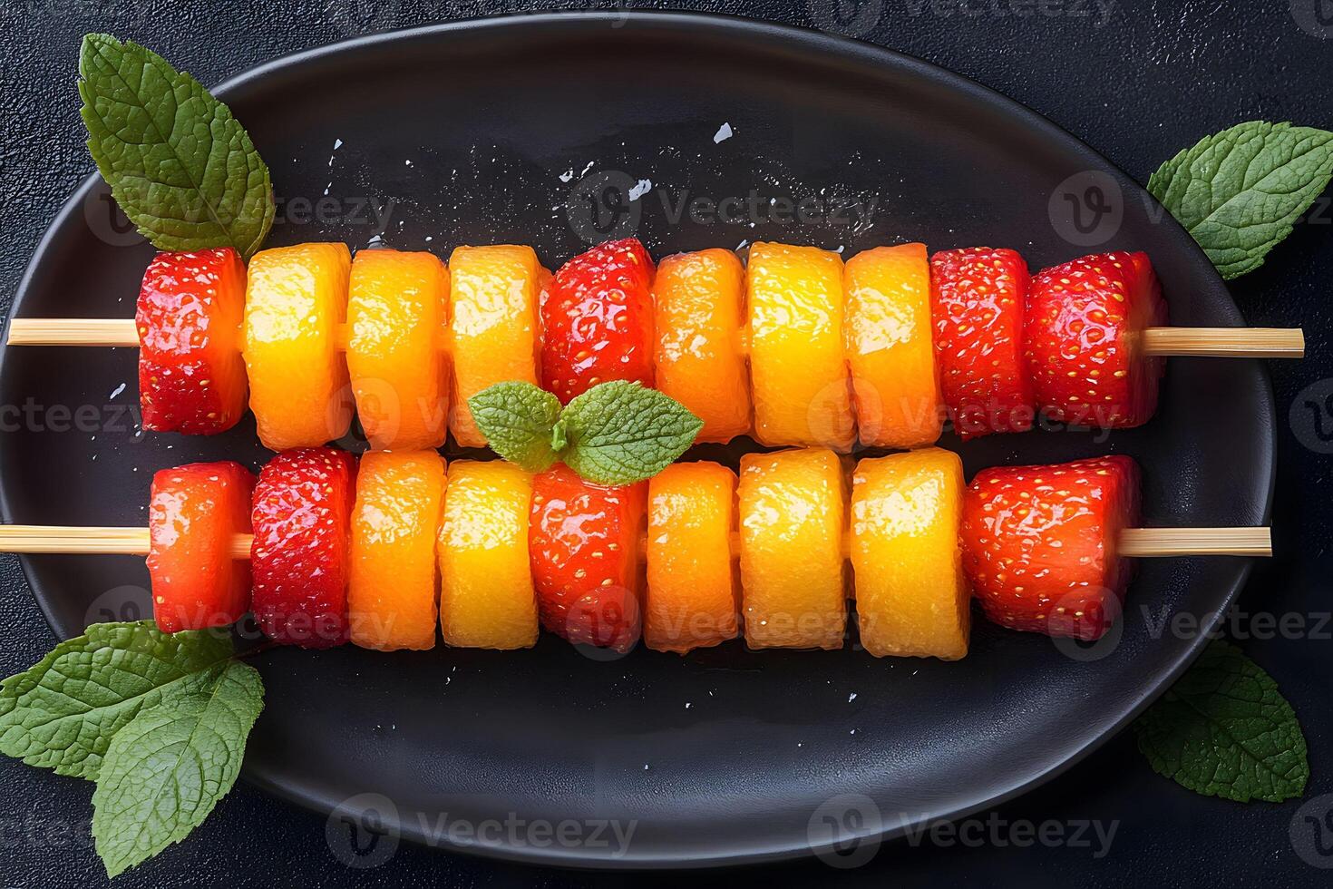 Fresh Fruit Skewers with Strawberries and Citrus Slices on Black Plate for Healthy Summer Snack photo