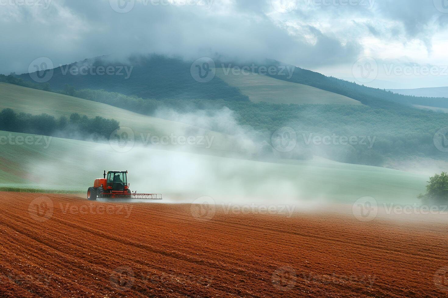 Tranquil Morning Farm Scene Tractor Plowing Misty Fields for Agricultural Harvest photo