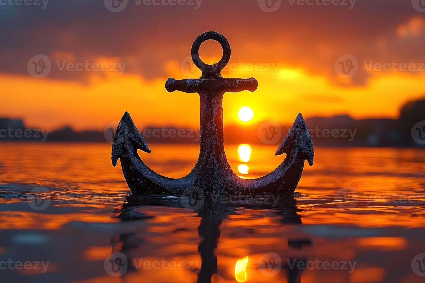 Sunset Serenity with Anchor Silhouette Over Tranquil Water Reflections photo