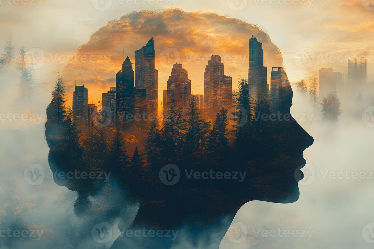Urban Nature Fusion Double Exposure of Cityscape and Forest for Conceptual Design photo