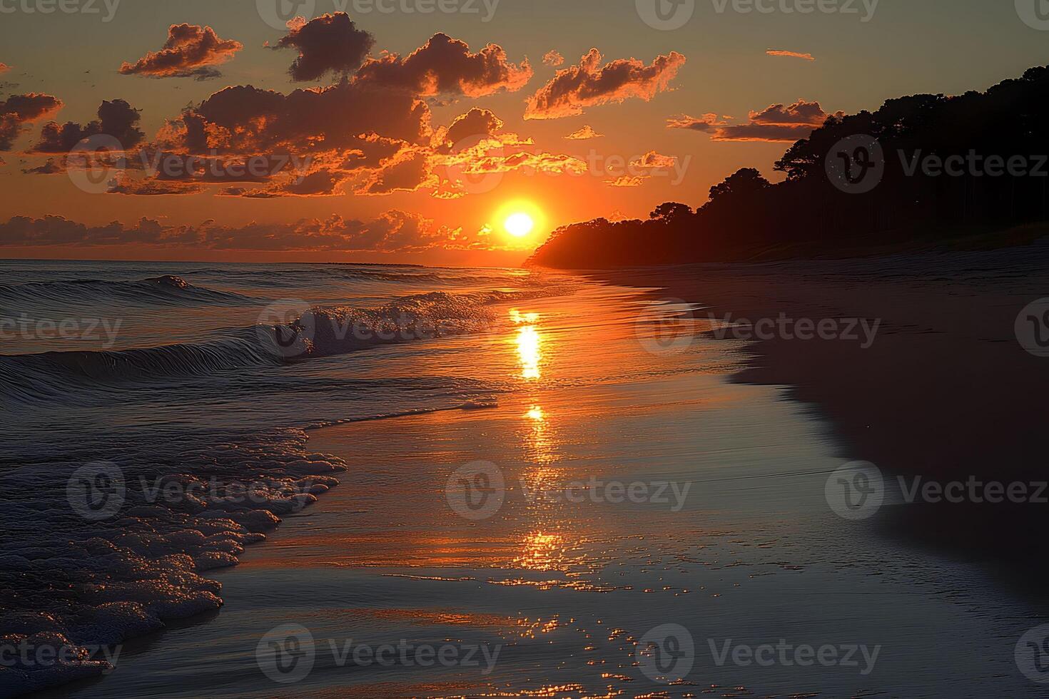 Serene Beach Sunset Reflection with Gentle Waves at Twilight photo