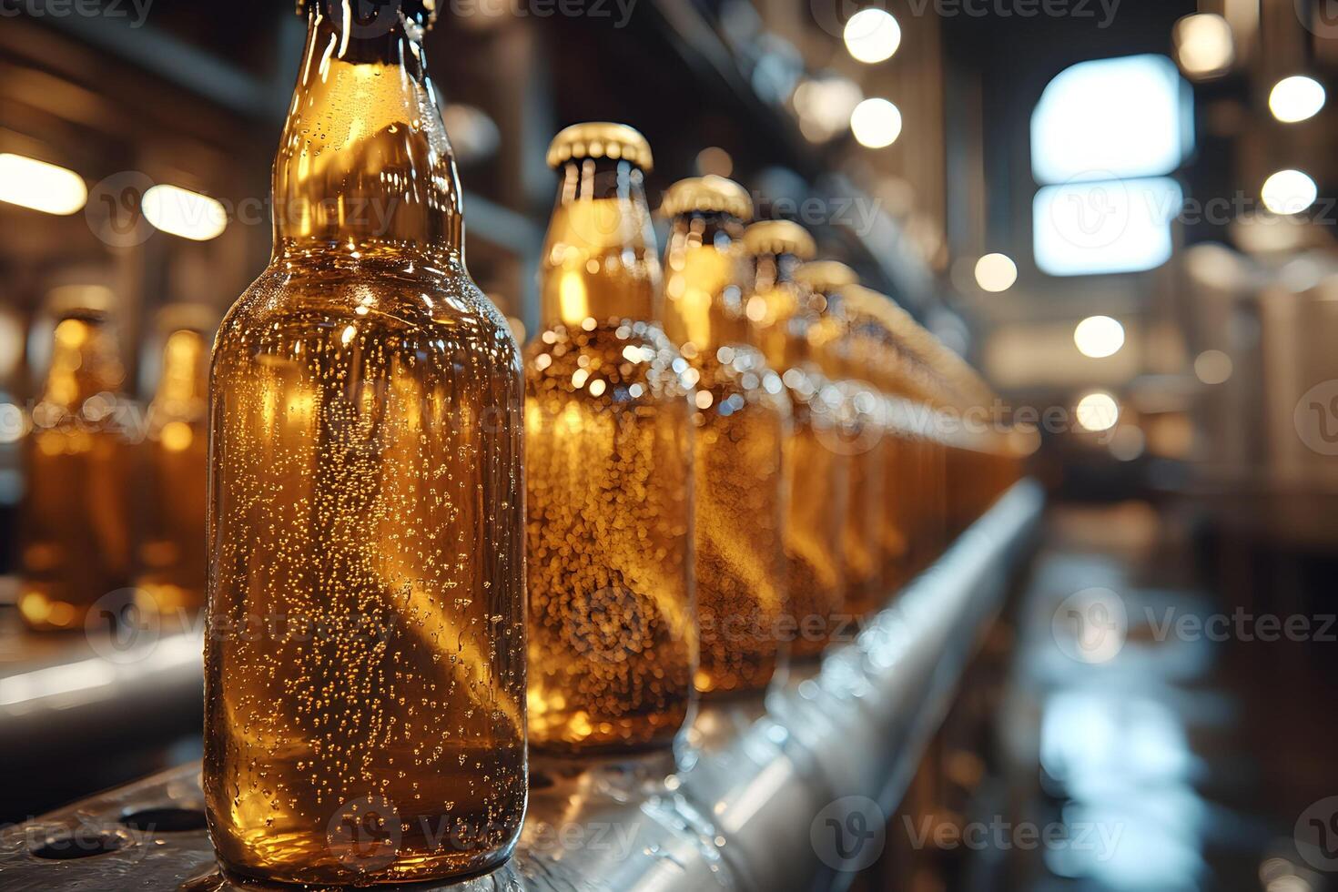 Beer Bottles on Conveyor Belt in Brewery Production Line photo