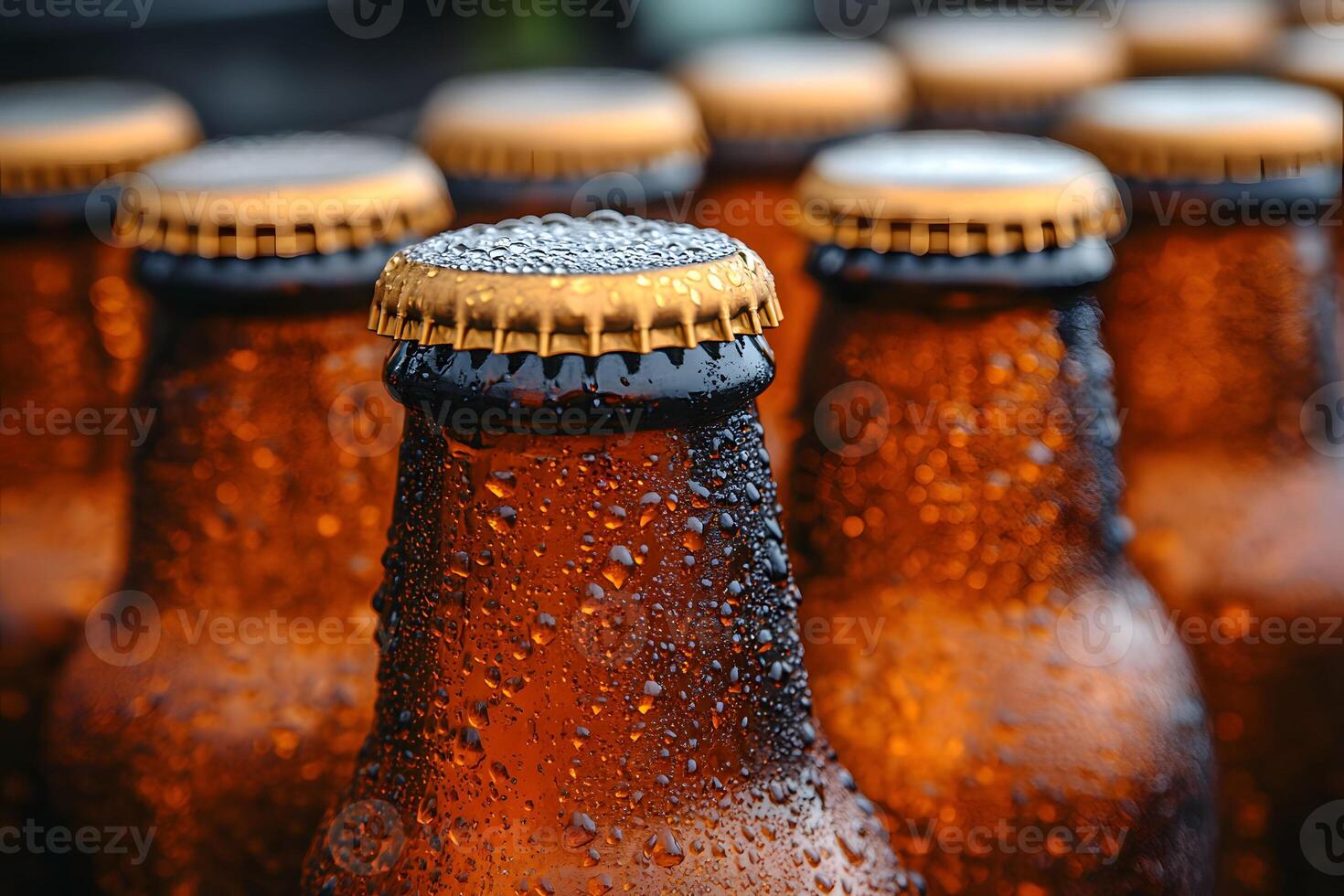 Close-Up of Refreshing Beer Bottles with Dewy Caps for Beverage Advertising photo