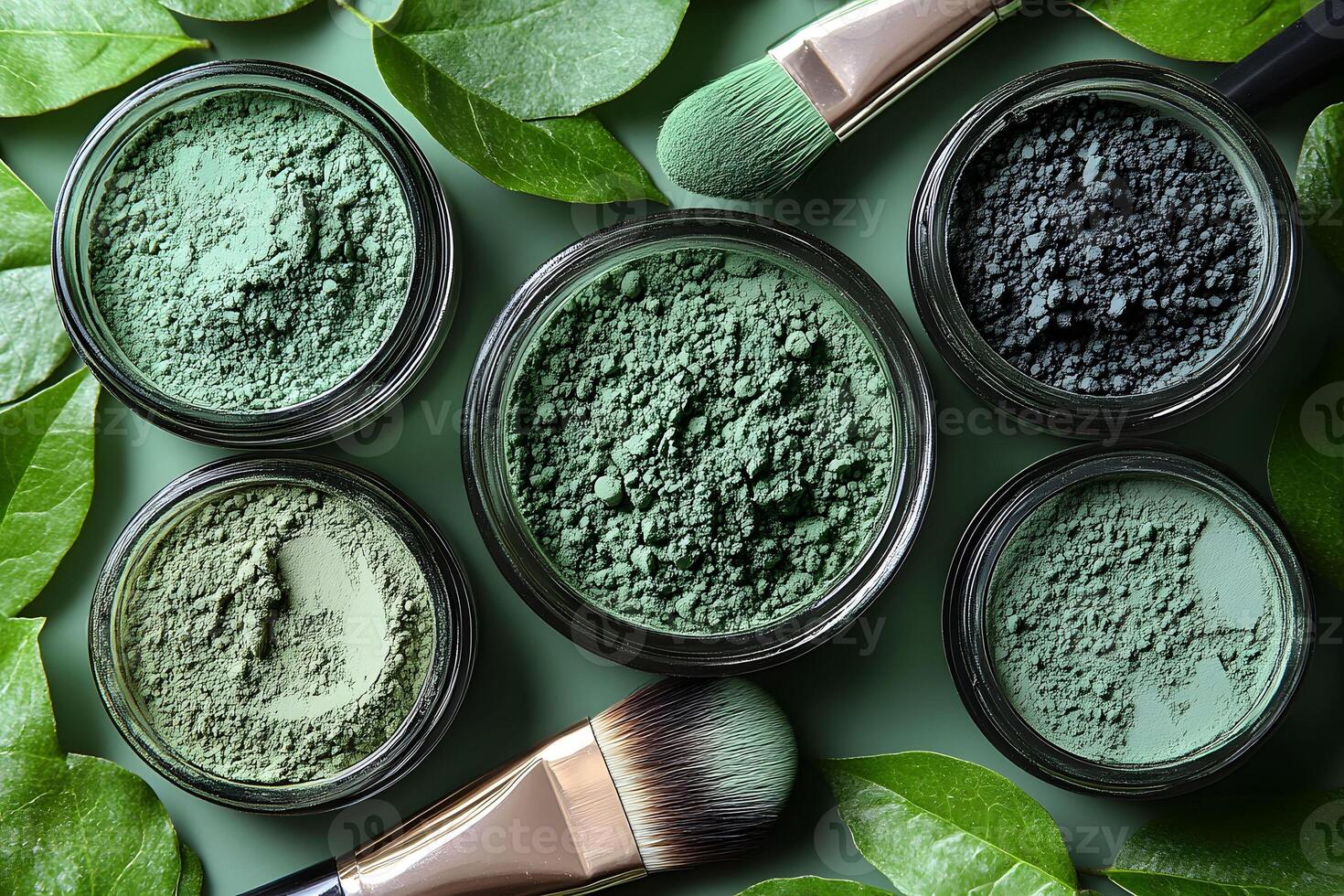 Natural Green Makeup Powder with Brushes on Leaf Background - Eco-Friendly Cosmetic Design photo