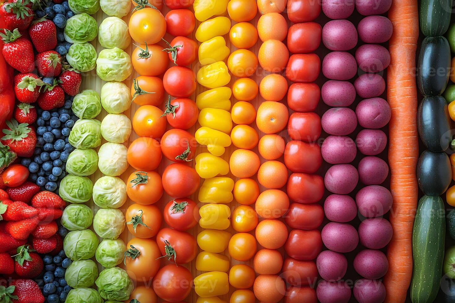 Vibrant Fruit and Vegetable Rainbow Arrangement for Healthy Living and Nutrition Concepts photo