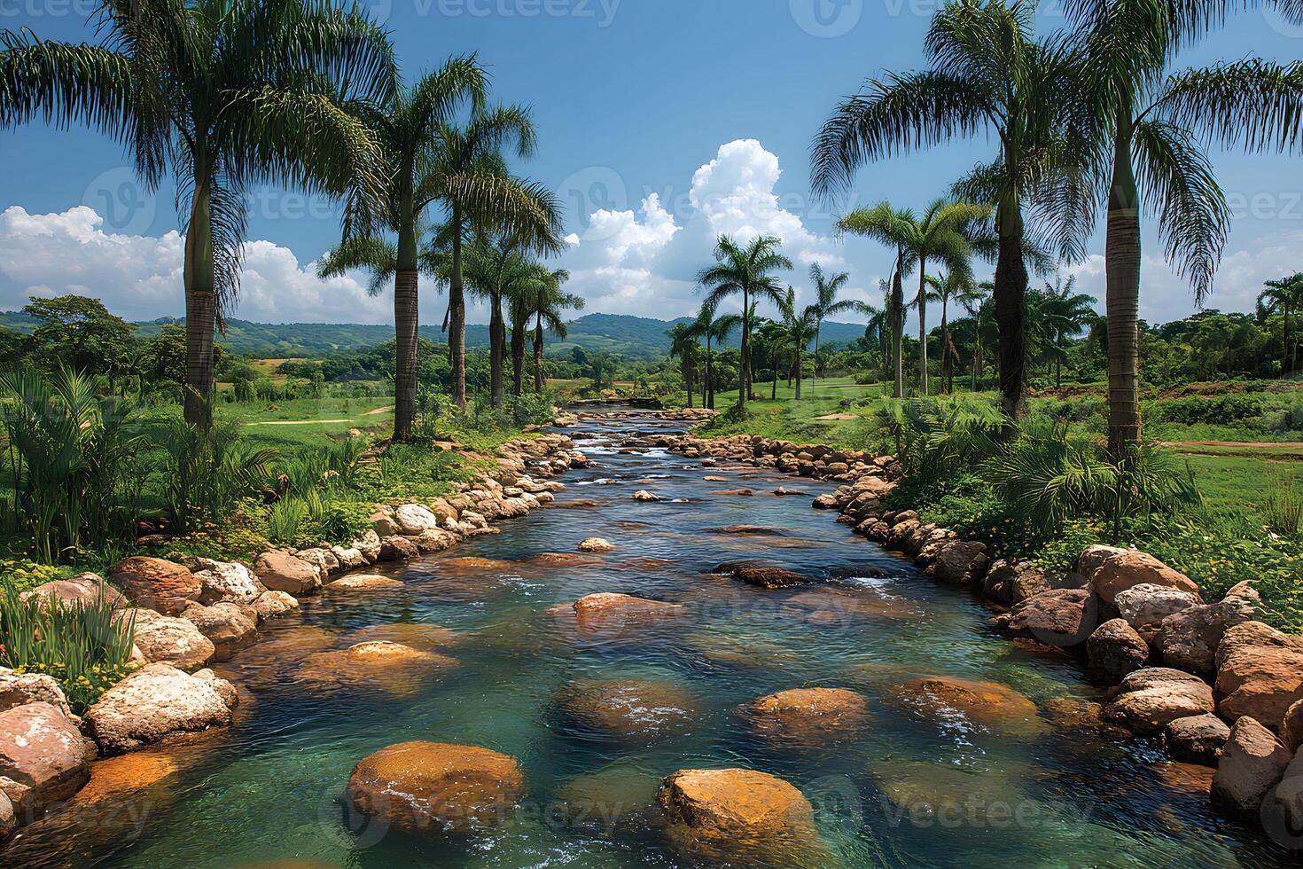 Tropical Oasis Serene Palm-Lined River for Tranquil Landscape Design and Nature Retreats photo