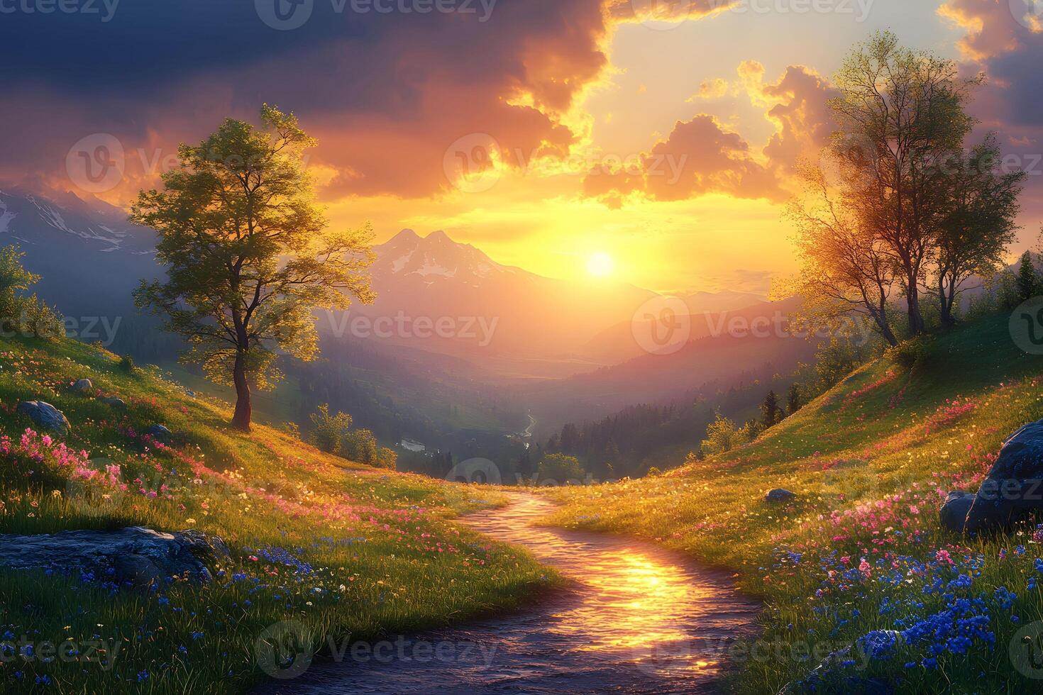 Serene Sunset Over Pastoral Landscape with Flowering Fields and Mountain Vista photo