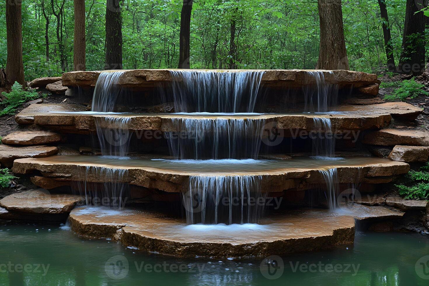 Serene Multi-Tiered Waterfall in Lush Forest Setting - Perfect for Nature Themes, Meditation, and Tranquil Designs photo