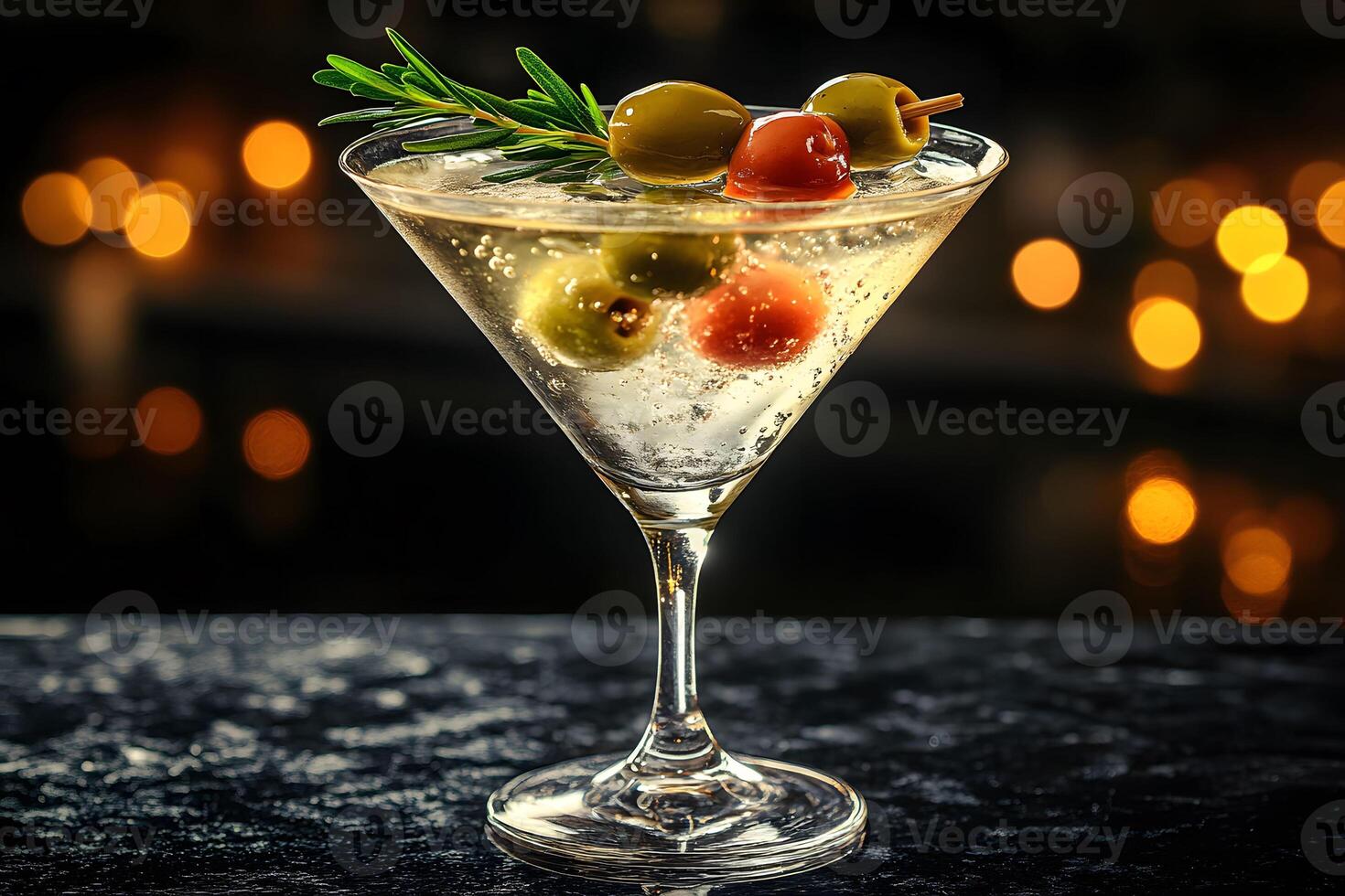 Elegant Cocktail with Olives and Rosemary Garnish for Festive Nightlife photo