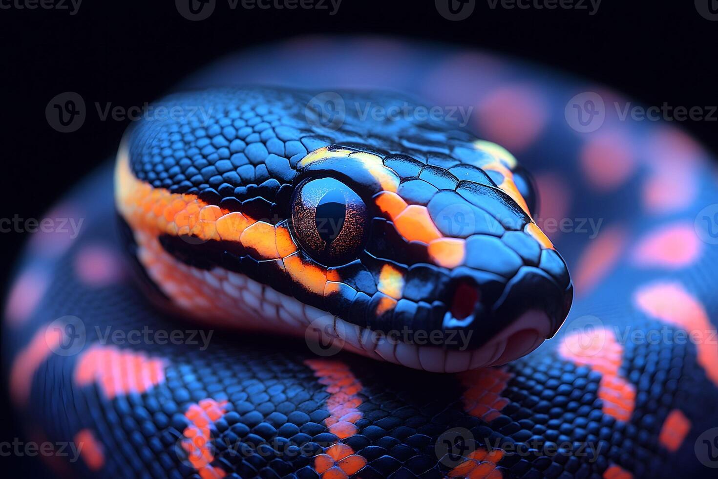 Close-Up of a Vibrant Black and Orange Snake with Glossy Scales in Lowlight photo