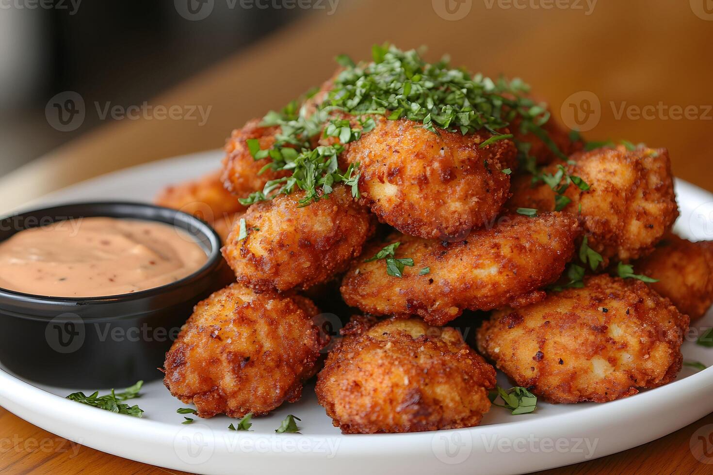 Crispy Chicken Nuggets with Spicy Dip Garnished with Fresh Herbs on a Plate photo
