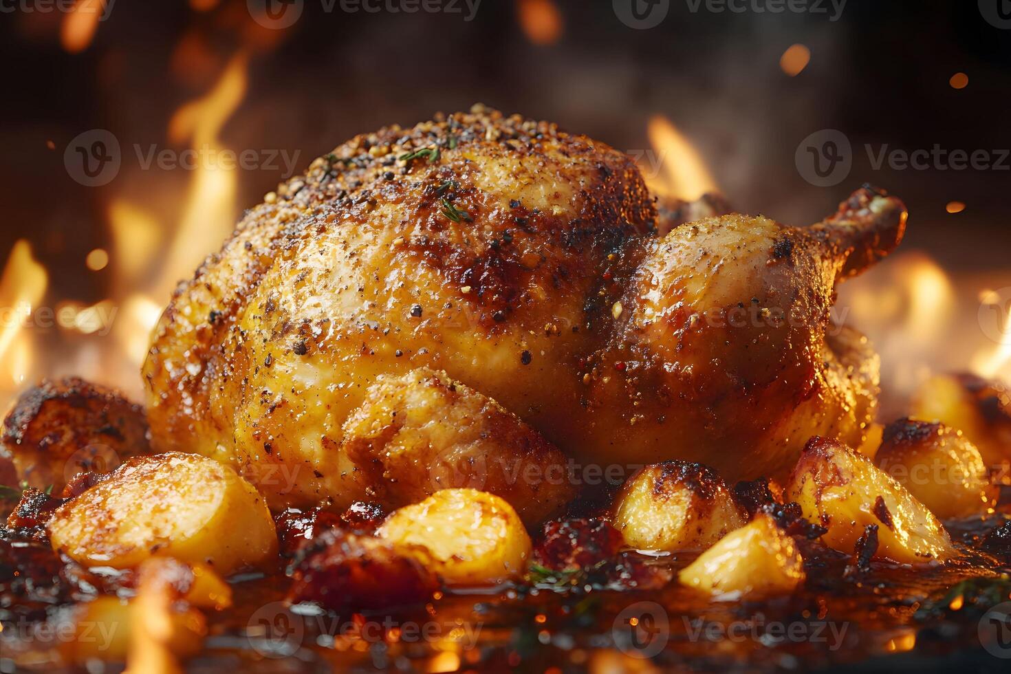 Golden Roast Chicken with Potatoes Amidst Flames for Culinary Inspiration and Recipe Design photo