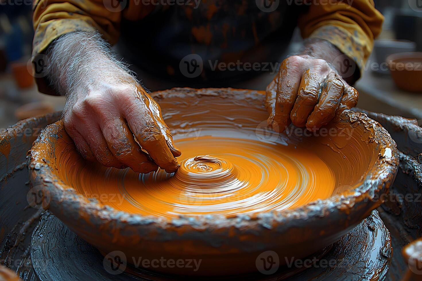 Artisan Pottery Craftsmanship Master Potter Shaping Clay on Wheel photo