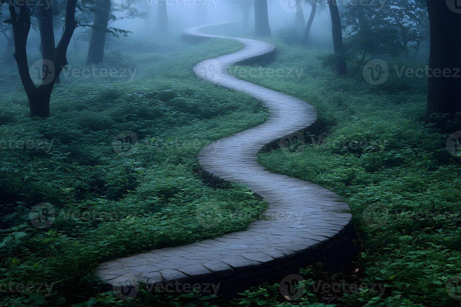 Serene Forest Pathway in Misty Morning for Nature, Tranquility, and Meditation Themes photo