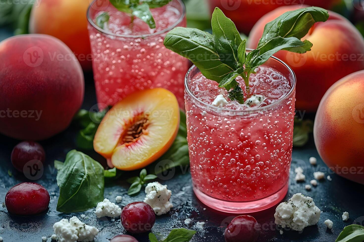 Peach and Basil Sparkling Drink with Grapes and Cheese - Refreshing Summer Beverage Design for Food Photography photo