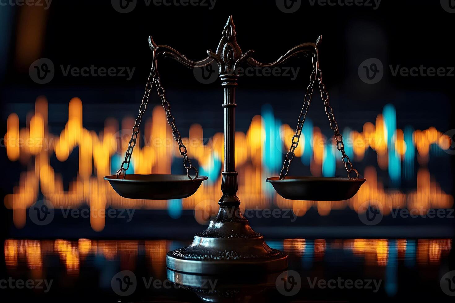 Justice Concept with Bronze Scales Against Financial Chart Background photo