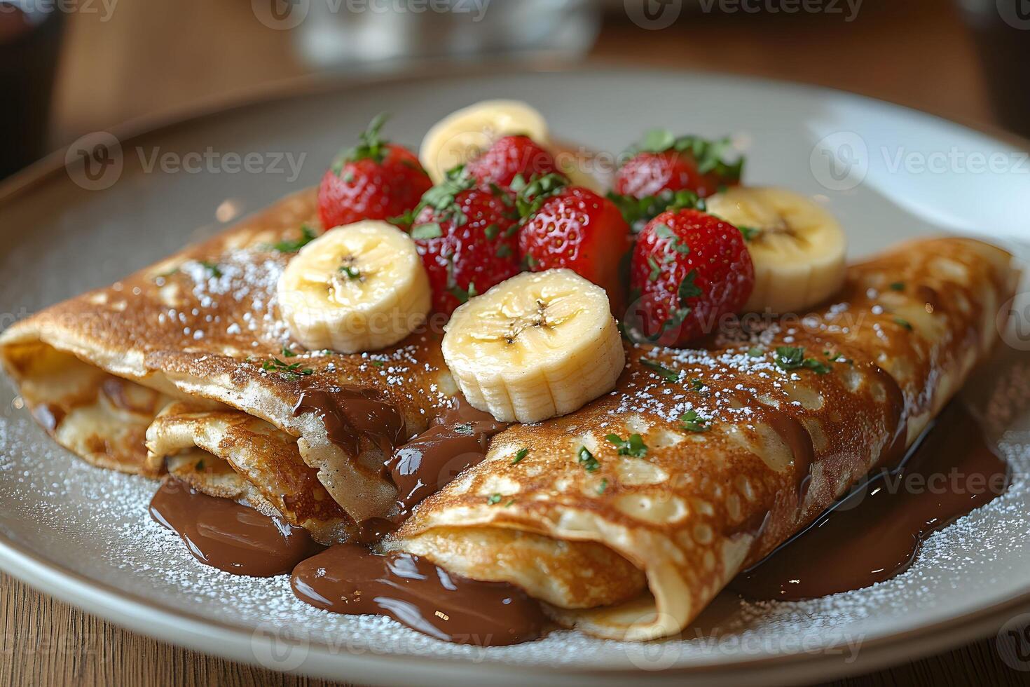 Delicious Chocolate Crepes with Strawberries and Bananas for Breakfast or Brunch photo