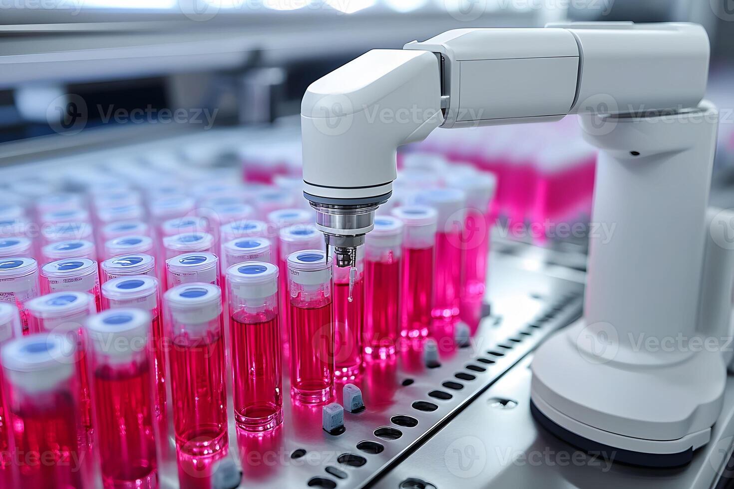 Robotic Laboratory Automation with Pink Liquid in Test Tubes for Advanced Scientific Research photo