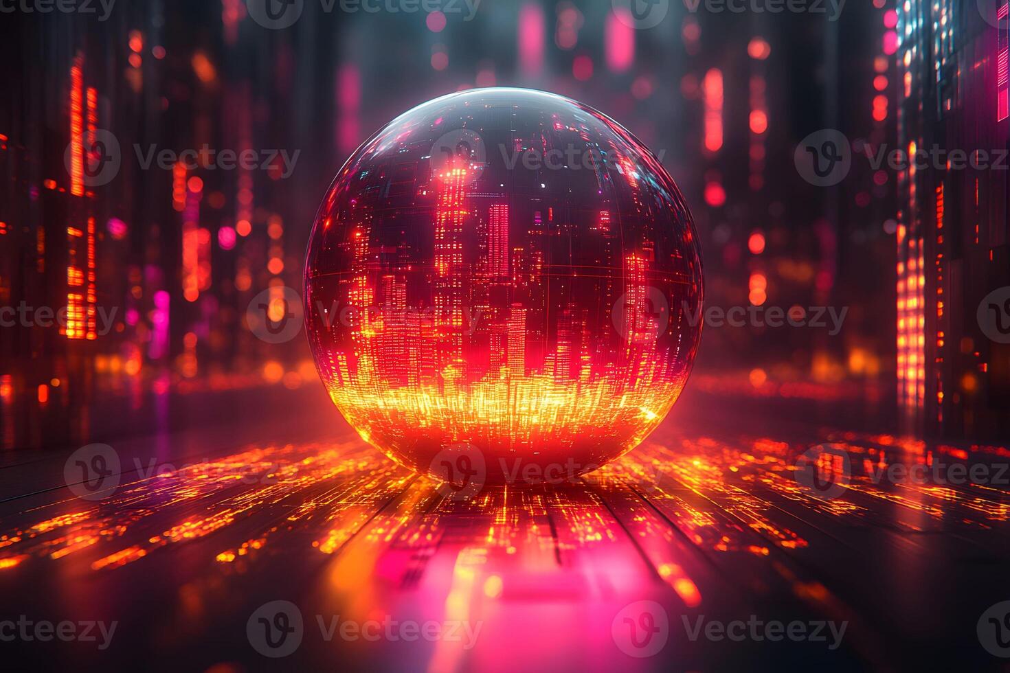Futuristic Digital Sphere with Glowing Cityscape Reflection for Technology Design photo