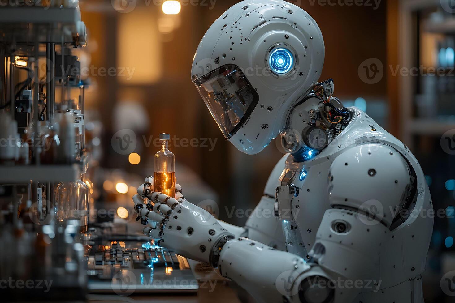 Futuristic Robot Analyzing Liquid in Laboratory Setting for Advanced Research photo