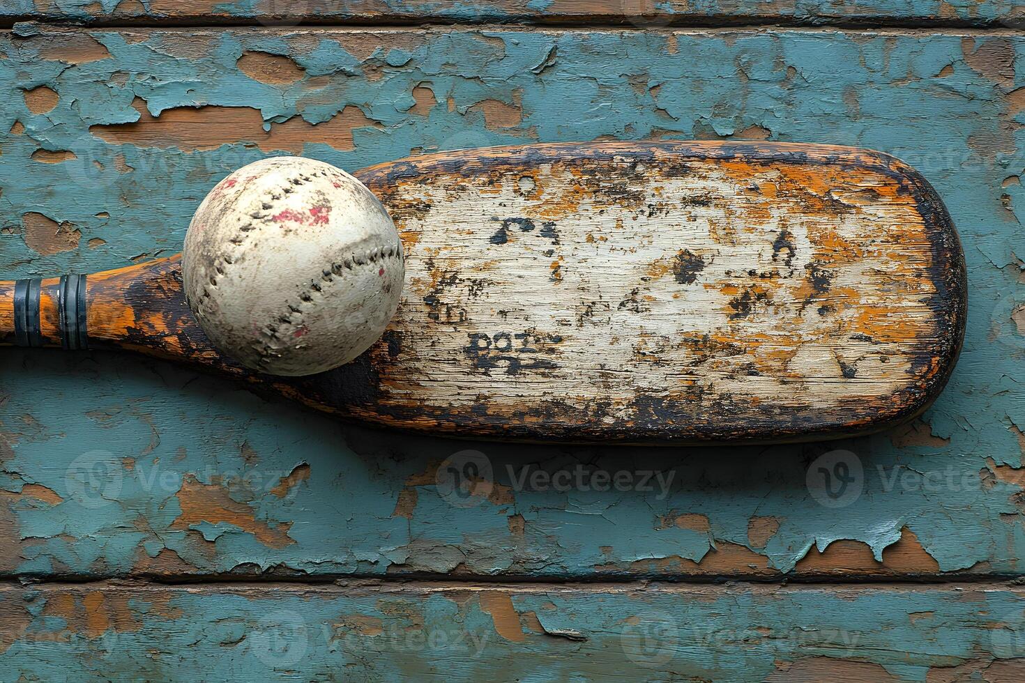 Vintage Baseball and Bat on Weathered Wooden Surface - Rustic Sports Concept for Nostalgic Decor photo