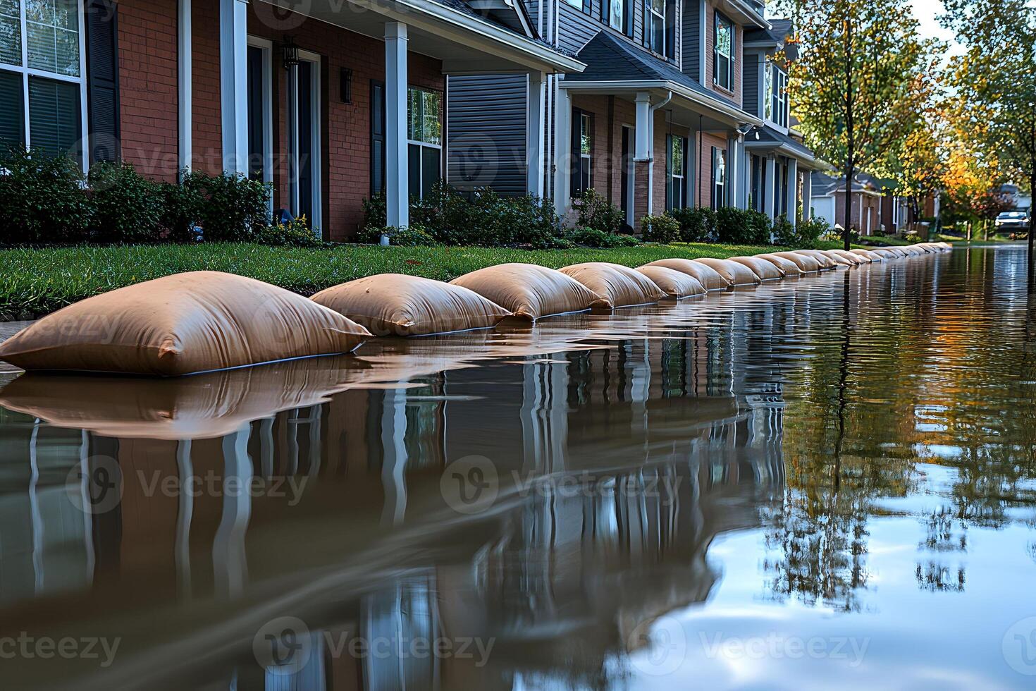 Flood Protection Measures in Suburban Neighborhood with Sandbags and Reflections photo