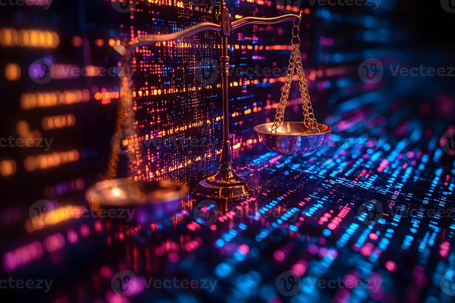 Abstract Justice Concept with Scales and Digital Data for Legal Technology photo
