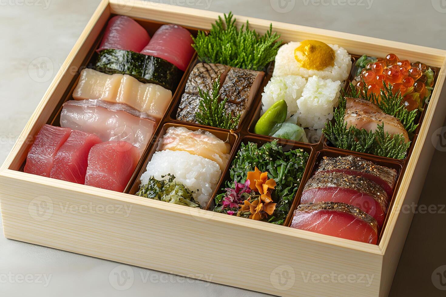 Exquisite Sushi Box with Assorted Fresh Fish and Garnishes for Culinary Presentation photo