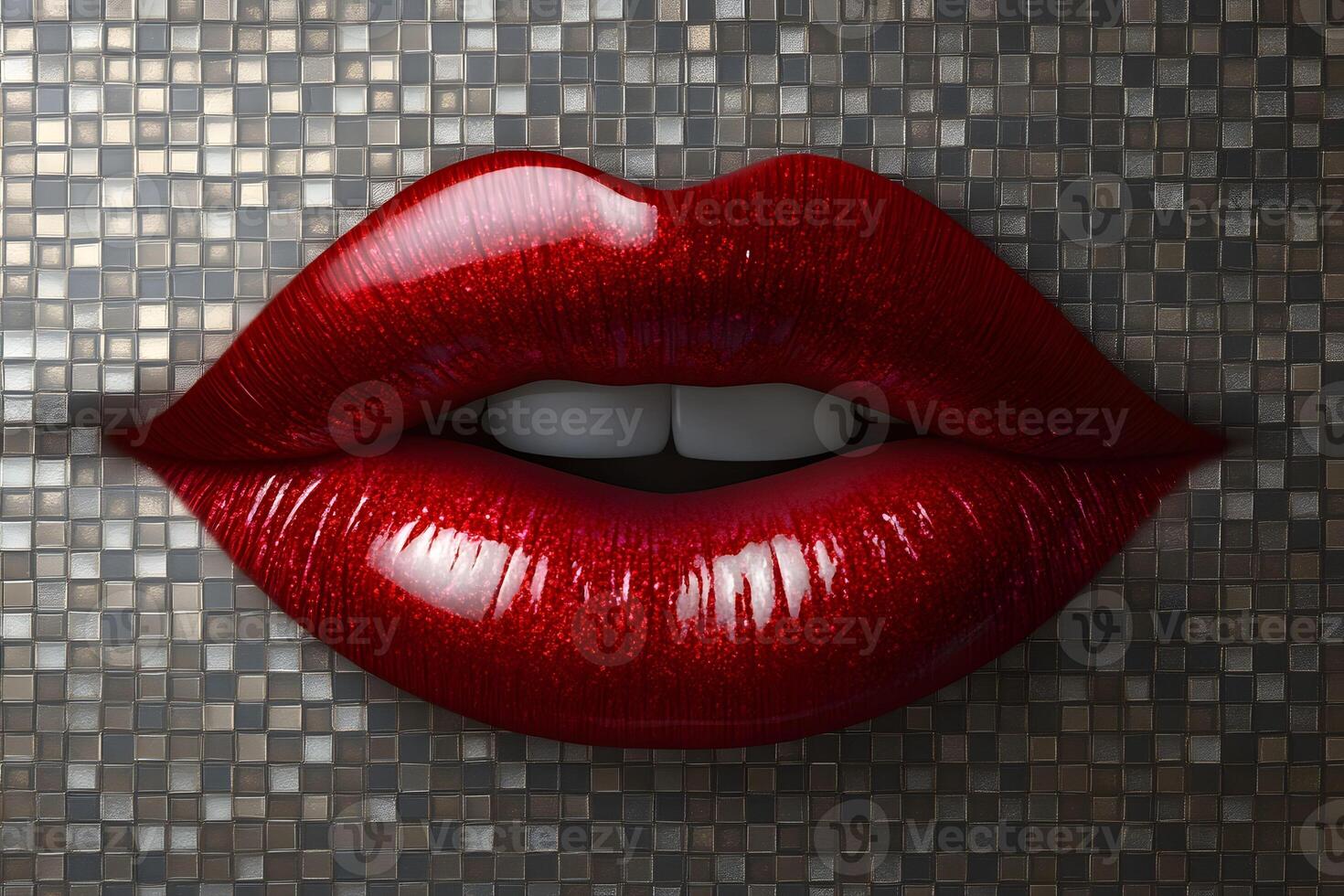 Glamorous Ruby Red Lips on Metallic Mosaic Background for Chic Decor photo
